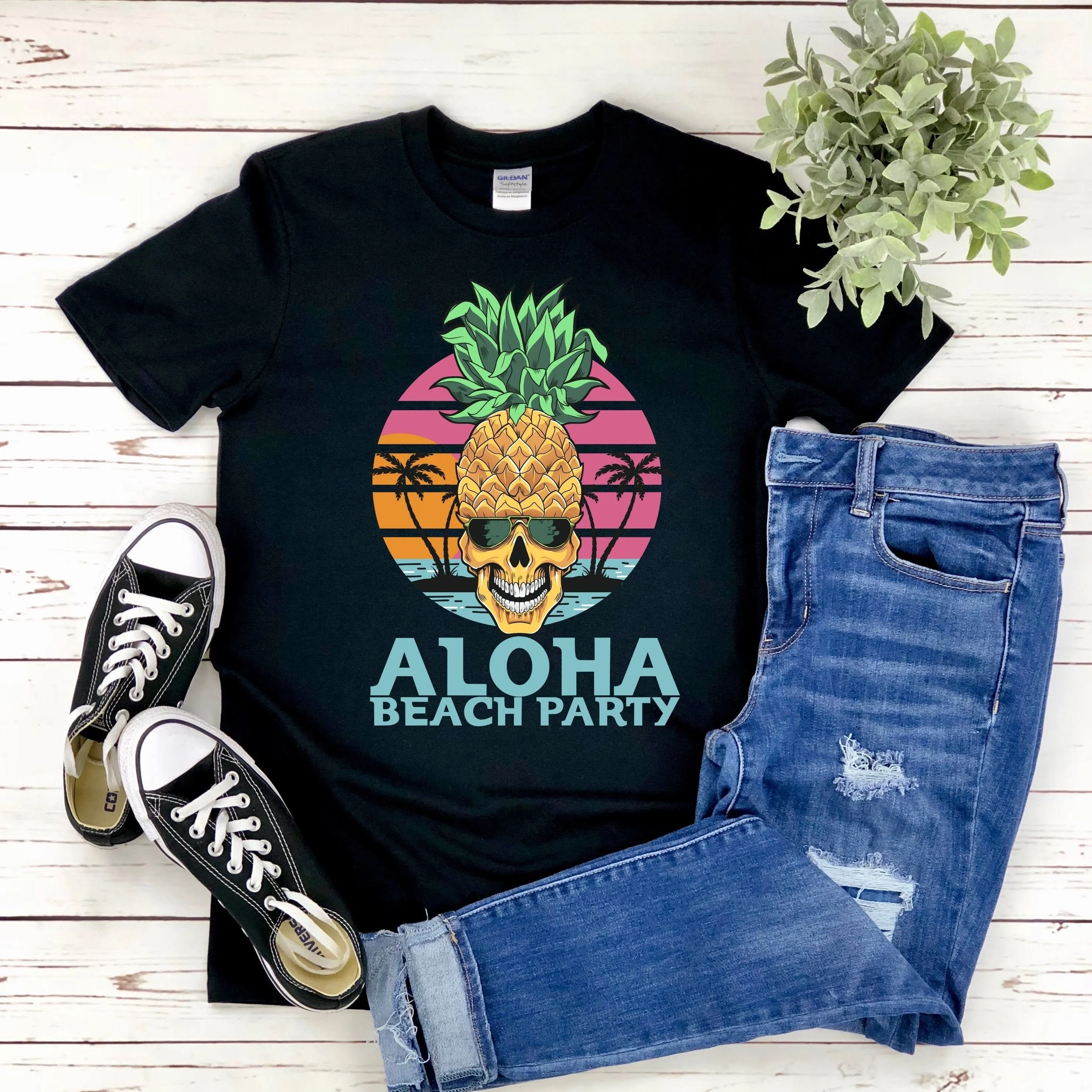 Hawaiian Pineapple Skull Hawaii Aloha Beach Party Summer Vacation Retro Tropical Fruit Surfer T Shirt Sweater