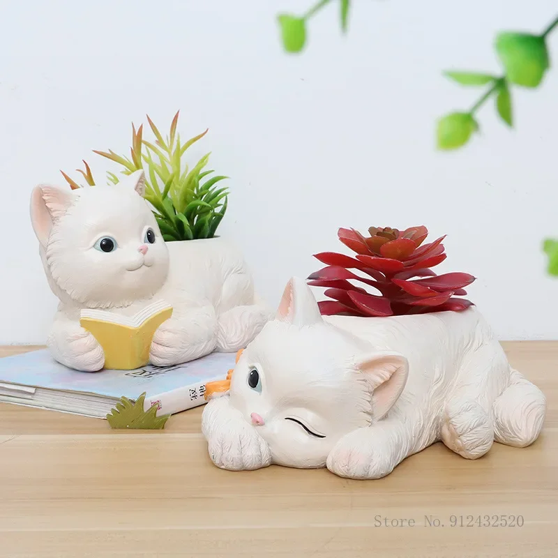 American Country Simulation Cat Resin Fleshy Flower Pot, Garden Home Decor, Creative Cute Cartoon, Desktop Potted Flowerpot, 1Pc