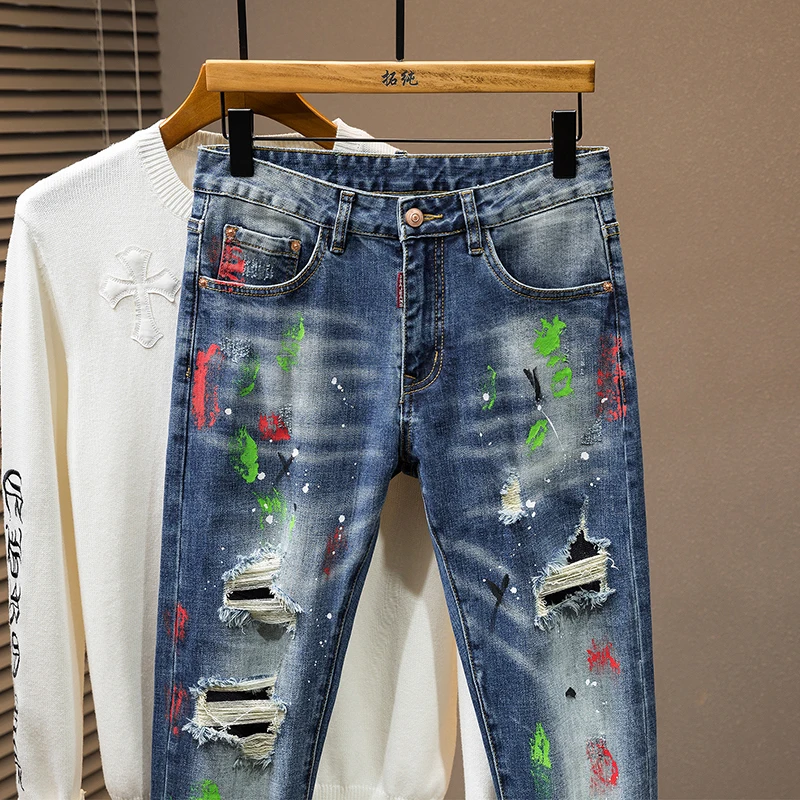 Painted Designer Personalised Street Fashion Men's Jeans Vintage Blue Stretch Slim Hip Hop Jeans Hombre