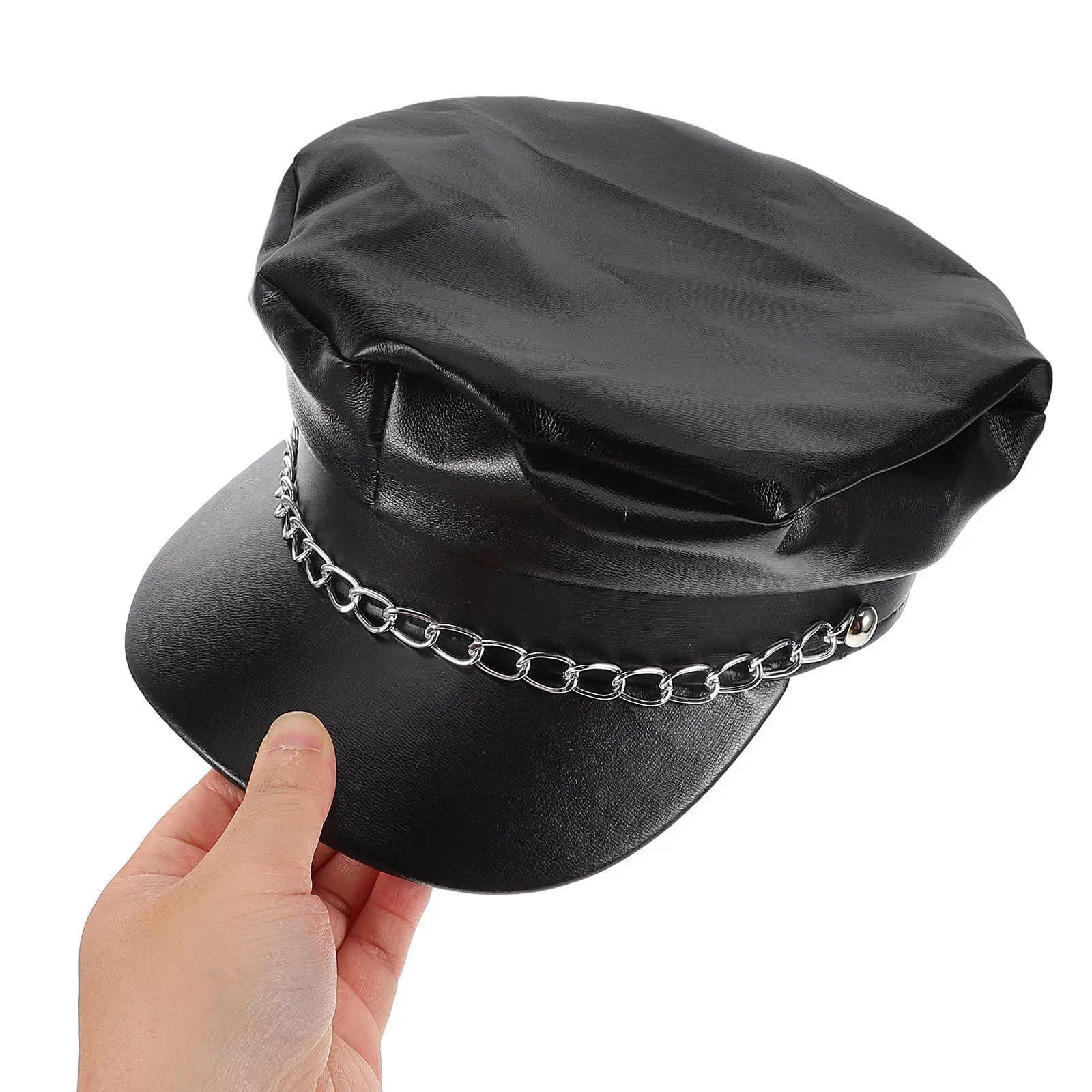 Black PU Chain Sailor Hat Vintage Flat Top Short Brim Costume Party Newsboy Beret Bakerboy Fisherman Captain Hat