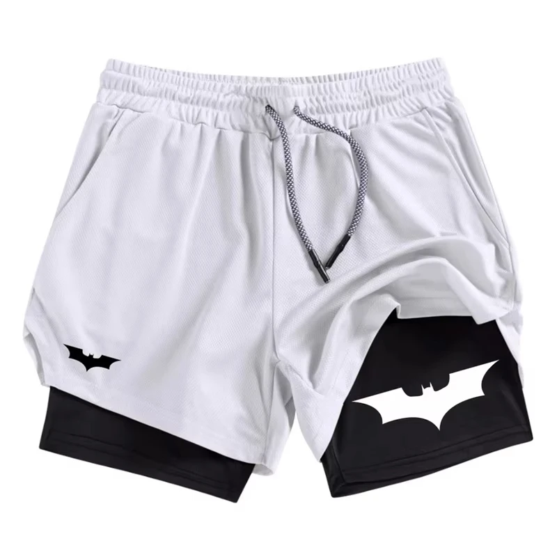 Pantalones cortos de rendimiento 2 en 1 con estampado de murciélago para hombre, pantalones cortos deportivos transpirables de secado rápido con bolsillo para teléfono, gimnasio, entrenamiento, correr,