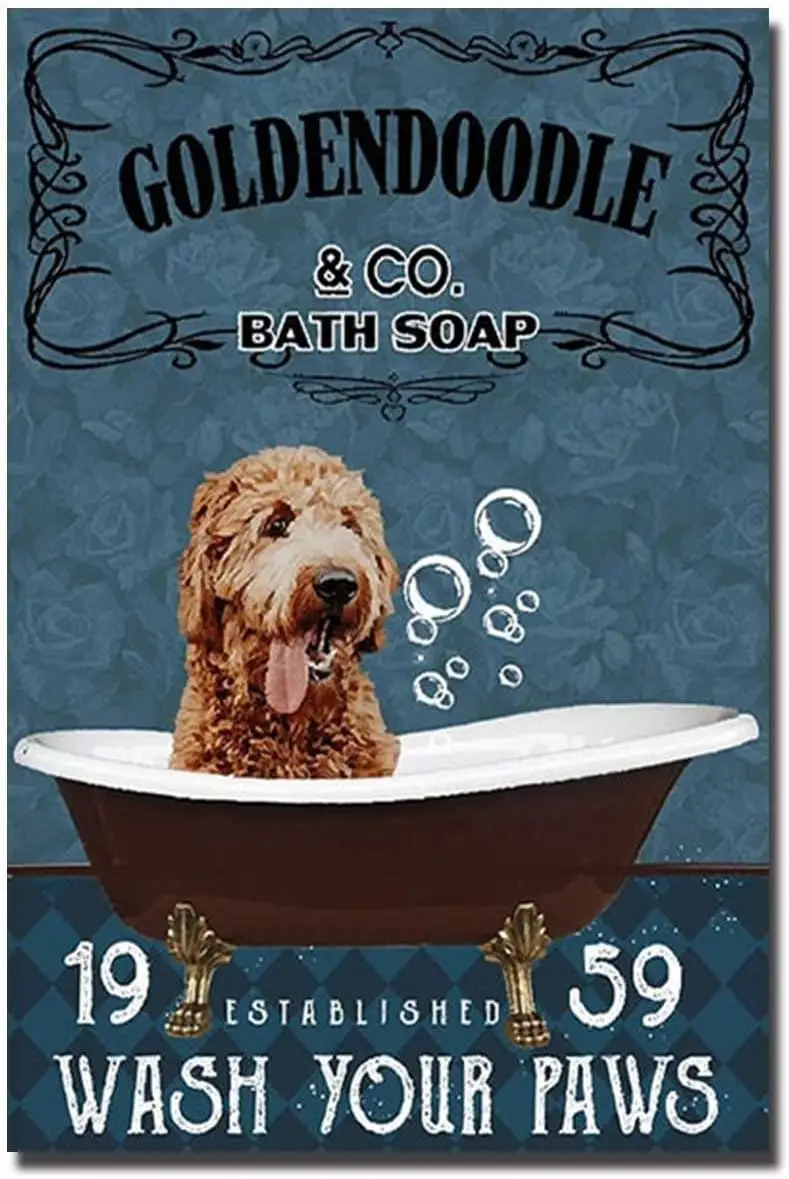 Funny Metal Tin Signs Goldendoodle and Co Bath Soap Wash Your Paws Tin Sign Painting Cafe Opera House Art Wall Decoration Plaque