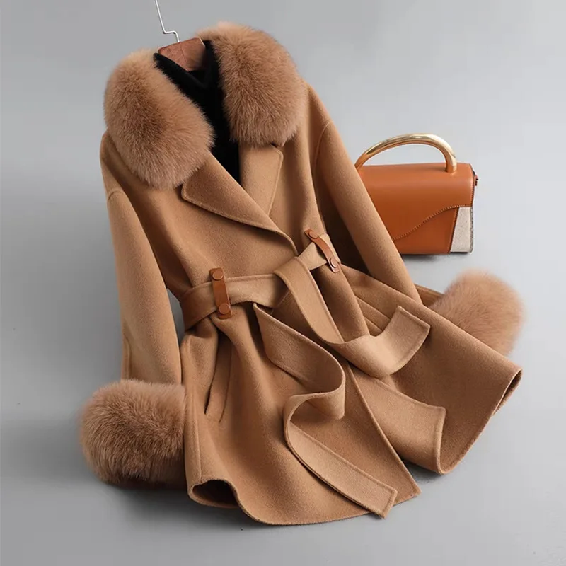 

Fur Lover Wool Cashmere Coat With Fox Fur Collar And Fox Fur Cuffs Women Winter Warm Fur Coats Real Wool Blend Fur Jacket