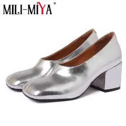 MILI-MIYA Fashion Square Toe Women Cow Leather Sliver Pumps Thick Heels Slip On Solid Color Big Size 34-42 Spring Autumn Shoes