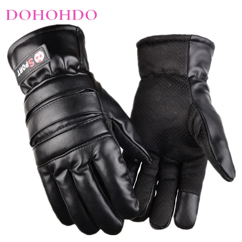 

Winter Black Leather Gloves Men's Padded Warm Plus Velvet Waterproof Wear-resistant Warm Cotton Riding Motorcycle Gloves Guantes