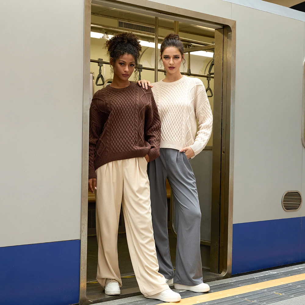 Women's Oversized Cable Knit Crewneck Sweaters Vintage Long Sleeve Women Heavy Crewneck Pullover Warm Soft Tops  Sweater Women