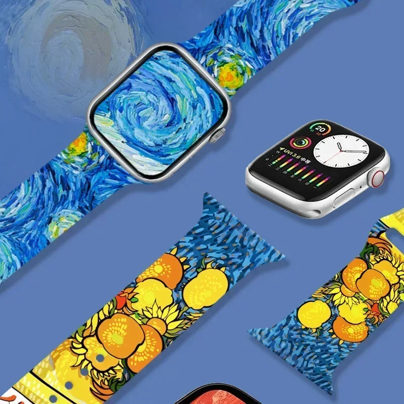 Van Gogh oil painting printed silicone strap suitable for Apple Watch Ultra S8 watch wristband Bands for apple watch strap