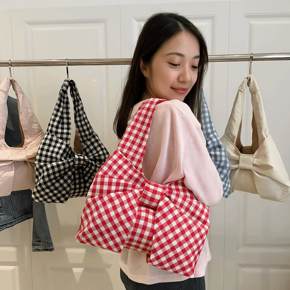 

Винтажная сумка через плечо в корейском стиле с бантом, большая вместительная клетчатая сумка-тоут, модная тканевая сумка на открытом воздухе