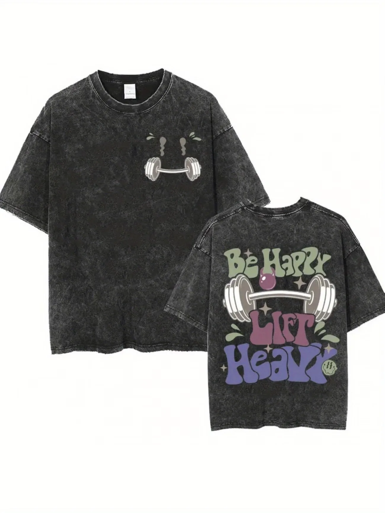 Men's Women Oversized Vintage Be Happy, Lift Heavy Fitness GYM Washed T-Shirt Loose Streetwear Tees Casual Trendy Tops