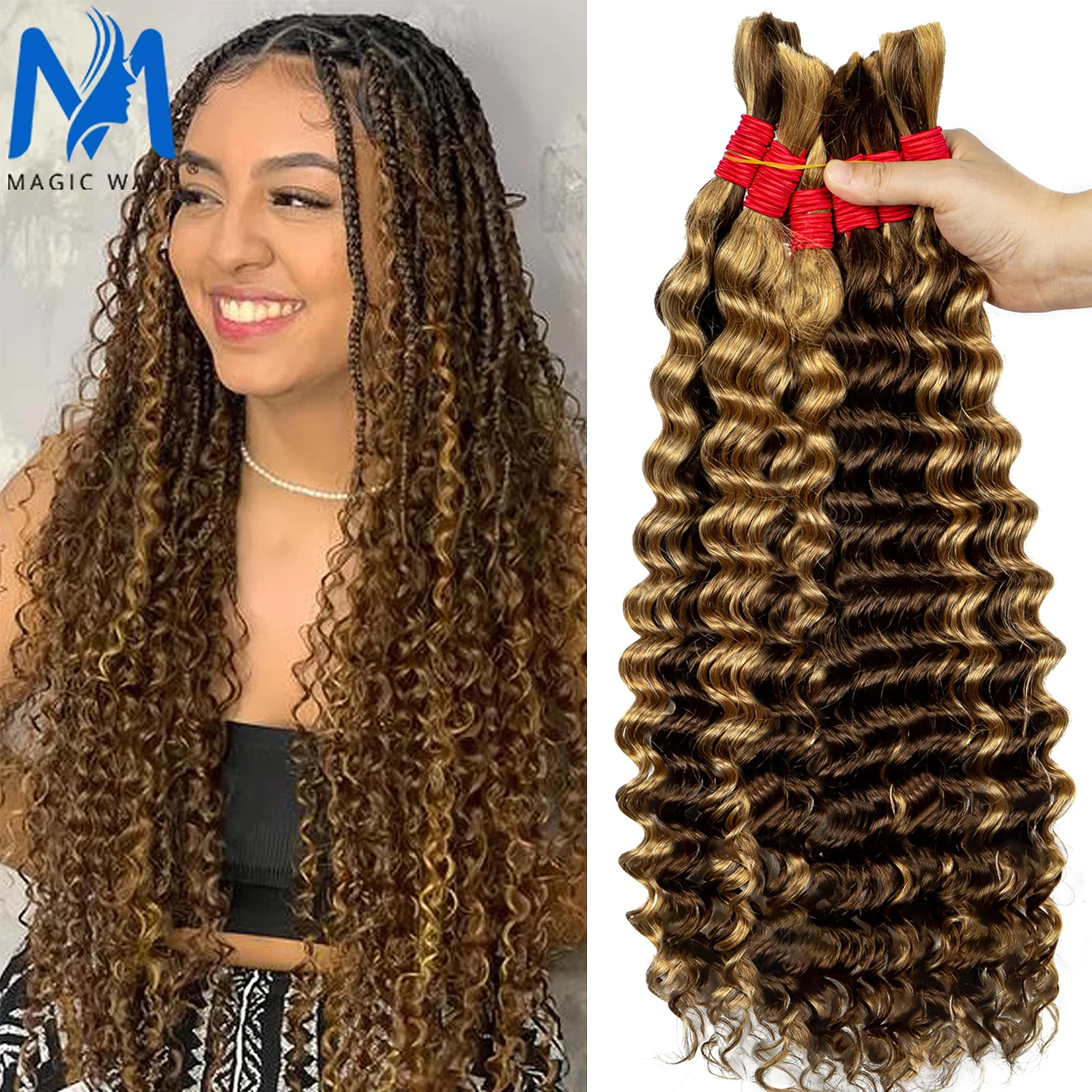 Highlight Deep Wave Human Braiding Hair for Boho Knotless Braids Bulk 20 26 28 Inches Deep Wave Micro Braiding Human Hair