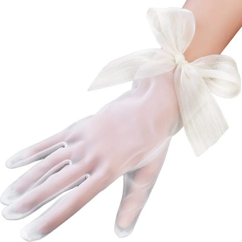 قفازات زفاف العروس للنساء حقيبة قصيرة للاستوديو للتصوير الفوتوغرافي بفيونكة شفافة مع لون أبيض حليبي بسيط #5