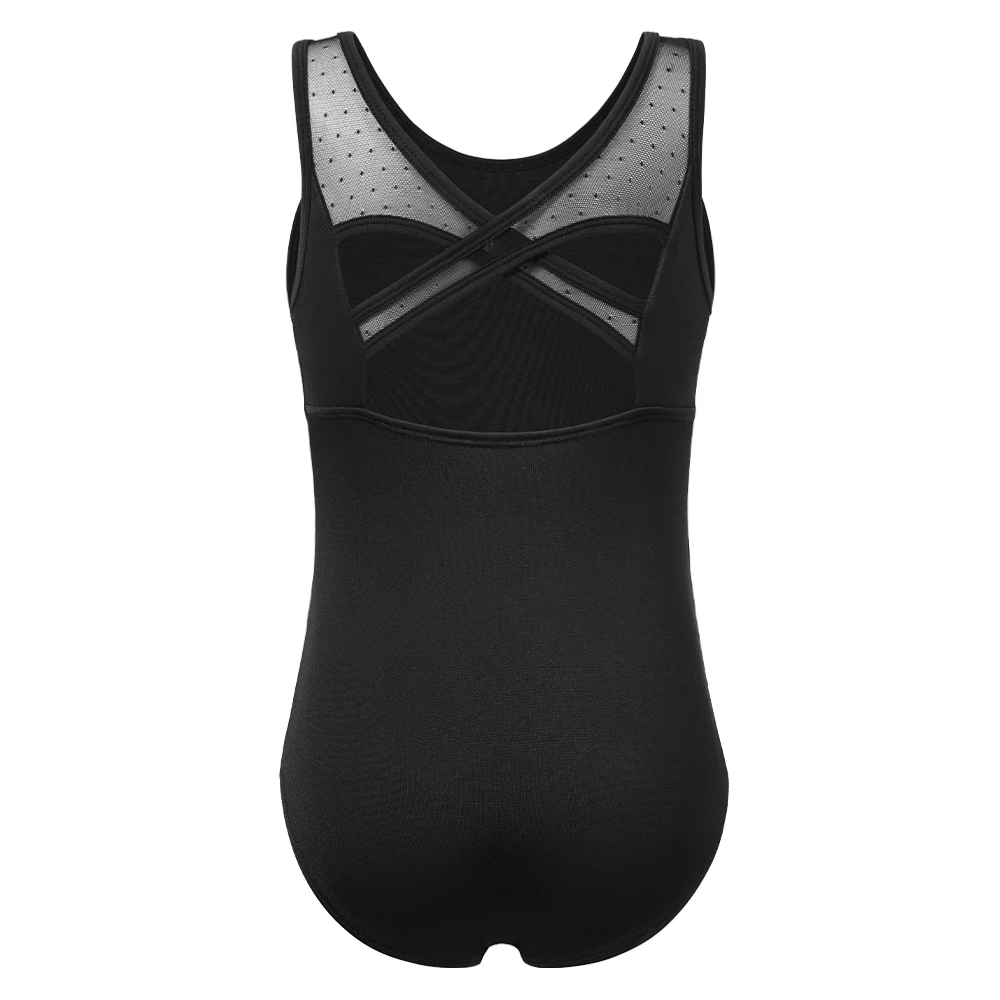 Girls Dance Leotard Ballet Mesh Dancewear Mesh Neckline Full Front Lining  Crisscross Hollow Back