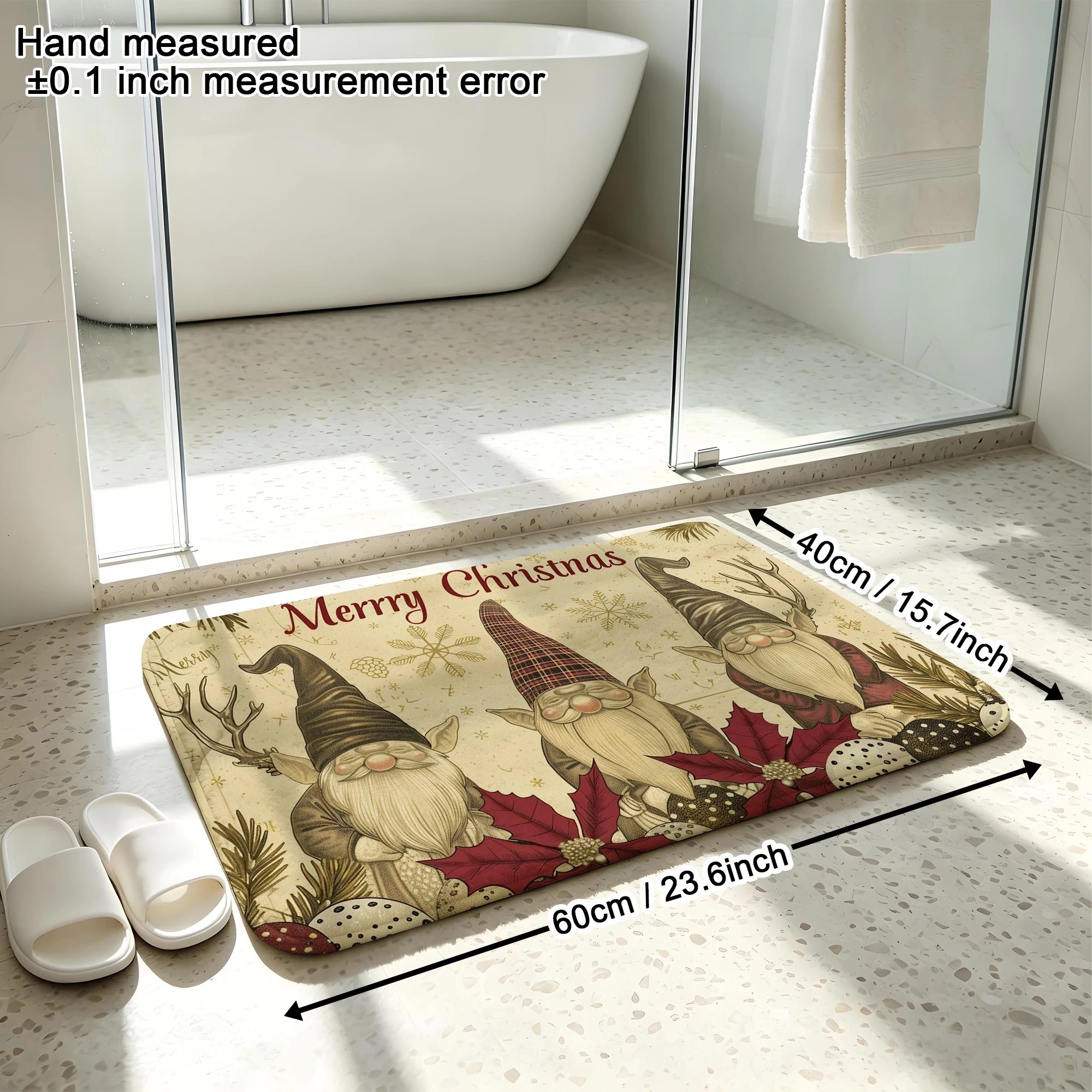 Vintage Christmas Gnome Snowflake Floral Print Plush Absorbent Sponge Mat,Bathroom Non‑Slip Mat & Decorative Door Mat