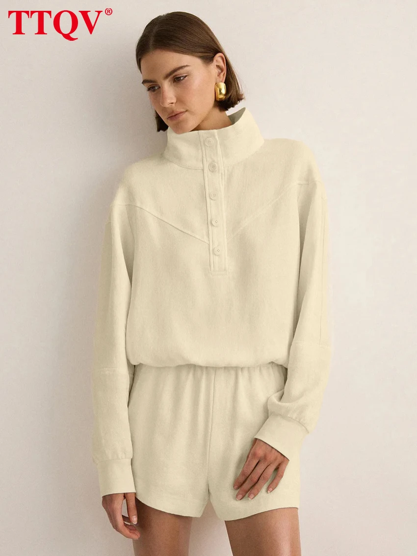 

TTQV Fashion Loose Beige Cotton Shorts Set 2 Piece Woman Elegant Long Sleeve Shirt With High Waist Shorts Set Female Clothing