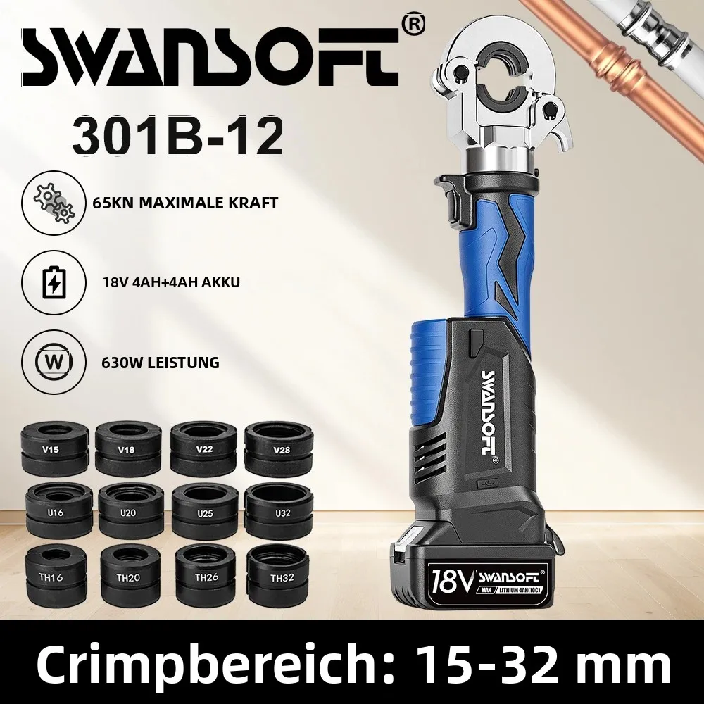 SWANSOFT 18V Hydraulisches Elektrisches Rohrpresswerkzeug 65KN mit V/U/TH-Profilen, mit 12 Matrizen (V15-18-22-28, U16-20-25-32, TH16-20-26-32) für Kupfer-, Edelstahl- und Verbundrohre