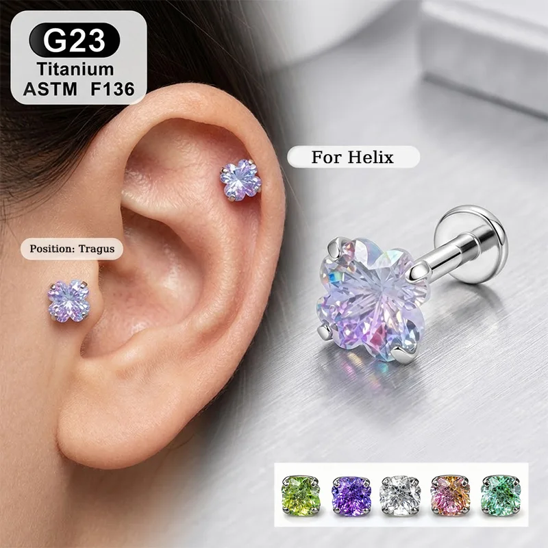 G23 F136 Flower Earring Lucky Four Leaf Gemstone Design Iridescent High Quality Women Adult Delicate Fashionable Classic Stud