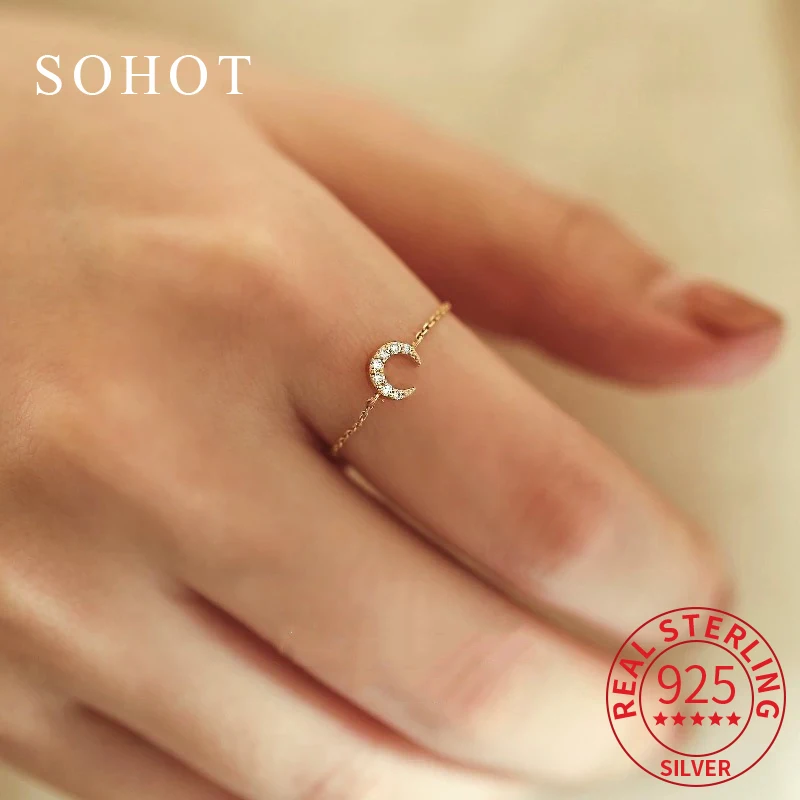 Real 925 Sterling Silver Minimalist Moon Zircon 14K Gold Ajustable Ring for Charm Women Fine Jewelry Exquisite Accessories