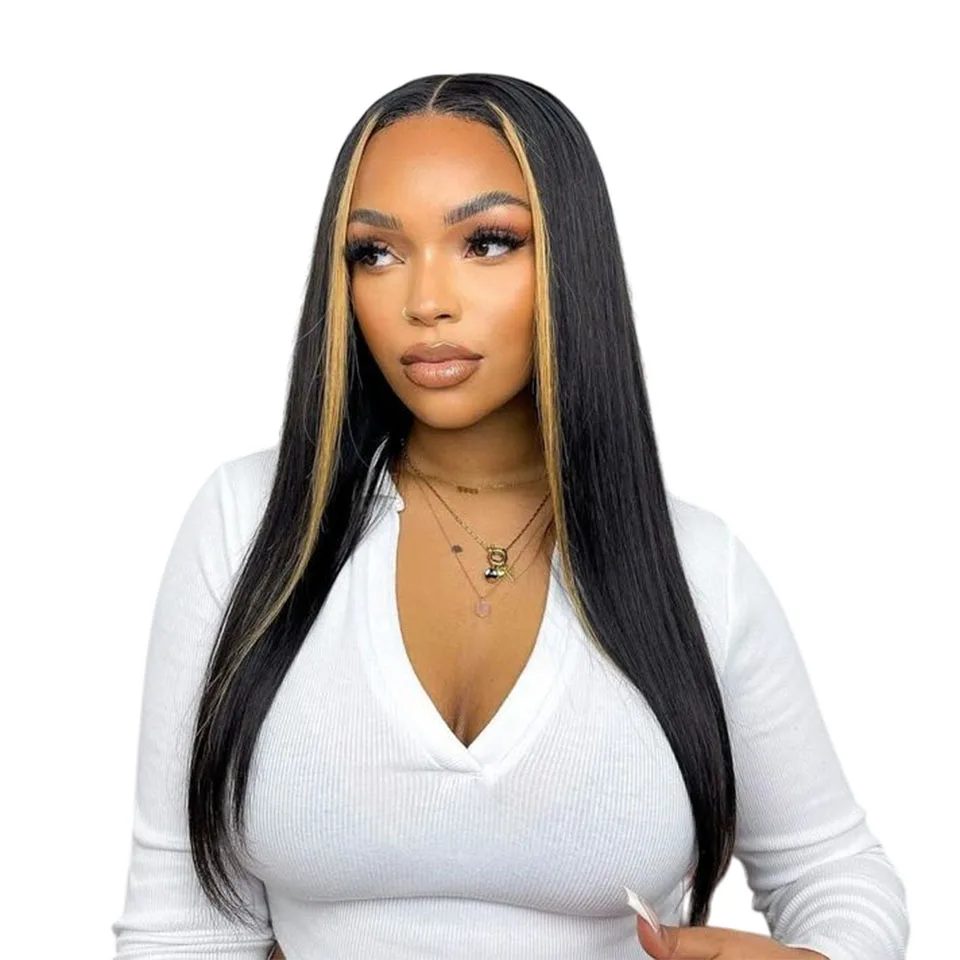 

Wear And Go Highlight Straight Glueless Wigs Human Hair Preplucked P1b/30 Honey Blonde Stripe Straight Human Hair Wig Density200