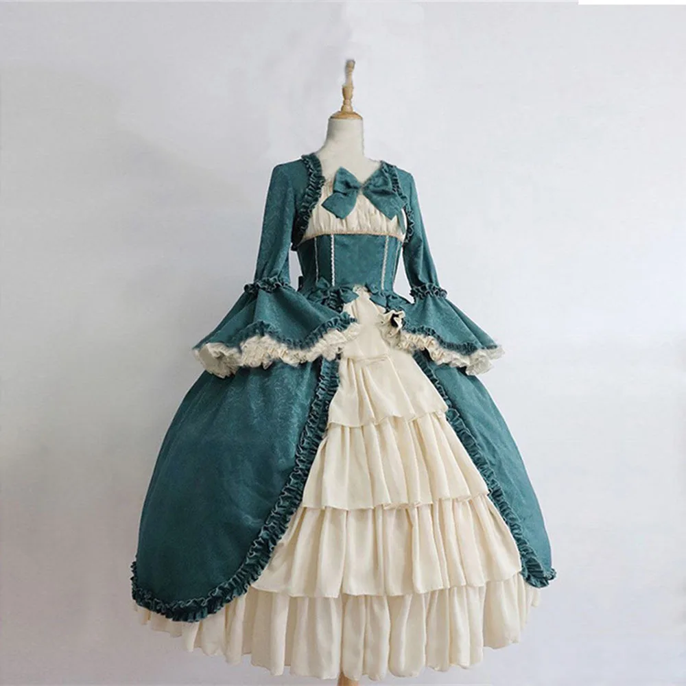 Medieval Retro Sweet Lolita Dress Women Elegant Gothic Court Long Sleeve Square Collar Bow Princess Girly Kawaii Dresses