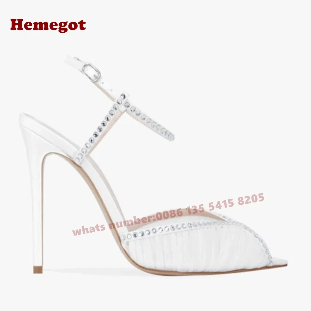 Green Rhinestones Slingback Sandals Open Toe Air Mesh Stiletto Heels Women\'s Sandals Crystals Satin Solid Summer Shoes Luxury