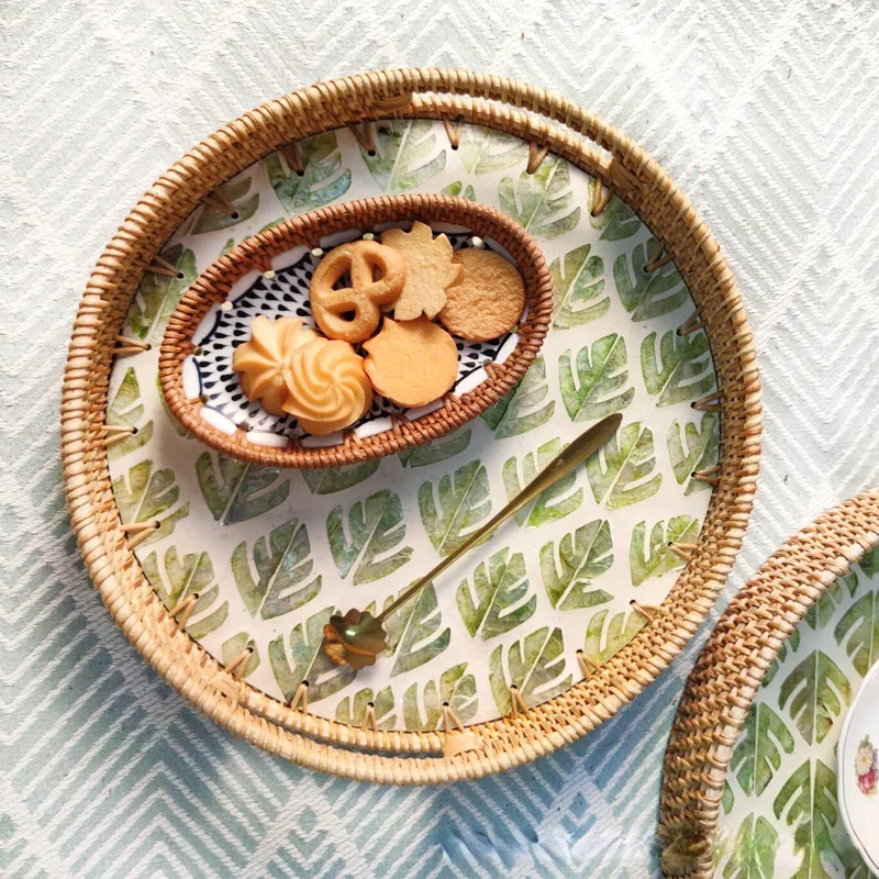 Rattan Creative Storage Tray Handmade Light Luxury Style Natural Shell Round Plate Home Living Room Organization Tray Decoration