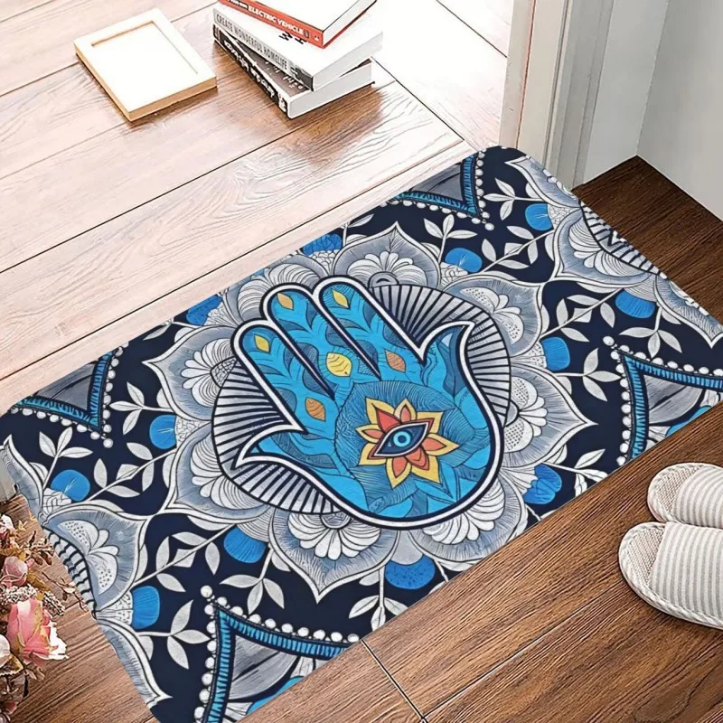 Boho Hamsa Hand Print Doormat Mandala Evil Eye Design Non Slip Floor Mat for Spiritual Home Decor