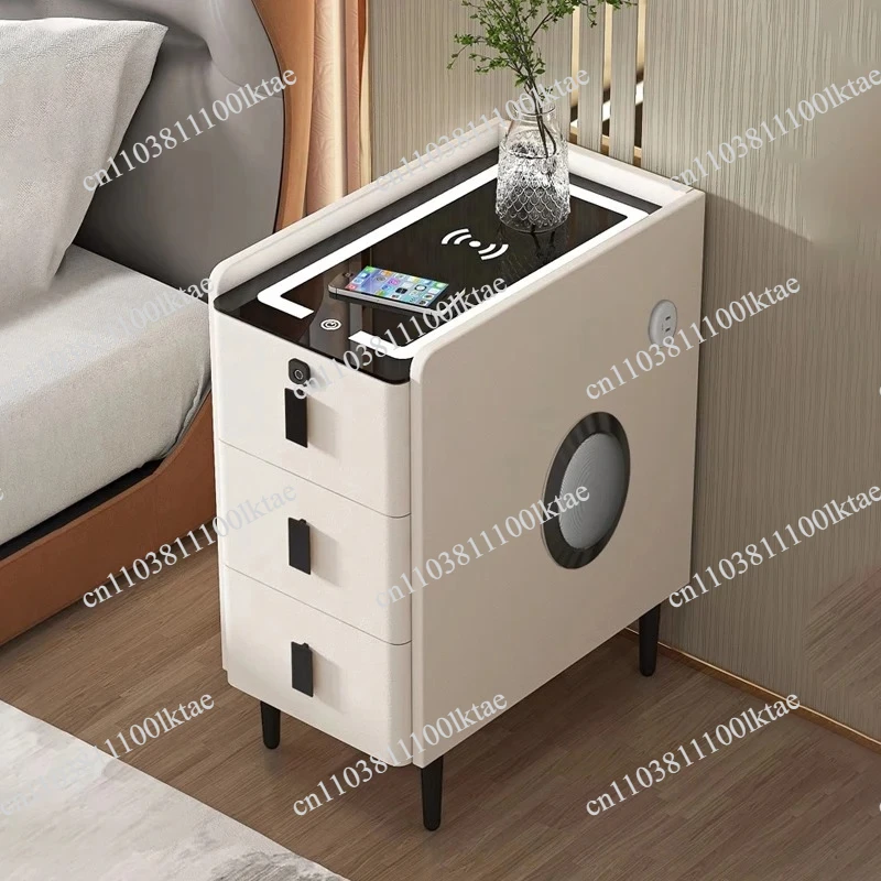 Narrow Smart Nightstands 3-Tier Solid Wood Bedside Cabinet Luxury Bedroom Storage Minimalist End Table with Charging Station