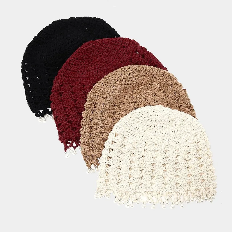 Bohemian Style Hollow Out Ethnic Style Hat Cute Sweet Crochet Hollow Knitted Hat Korean Beads Tassels Weave Cap Outdoor