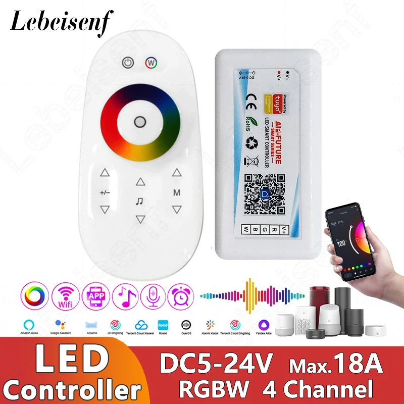 

Smart Voice LED Controller for DC 5V 12V 24V RGBW Light Strip Tape Wifi TuYa 4 Channel 18A & 2.4Ghz RF Full Touch Remote Control