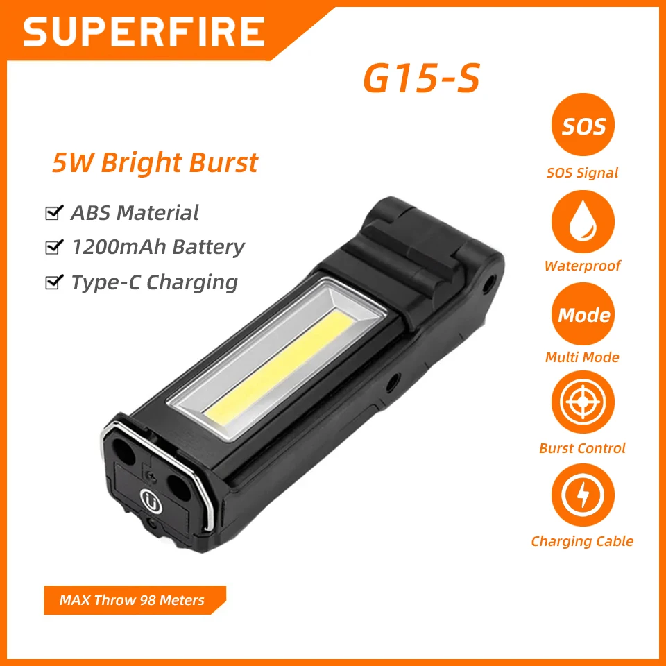 SUPERFIRE G15-S portabel, Senter LED COB USB dapat diisi ulang, lampu kerja, lentera magnetik multifungsi, senter lipat