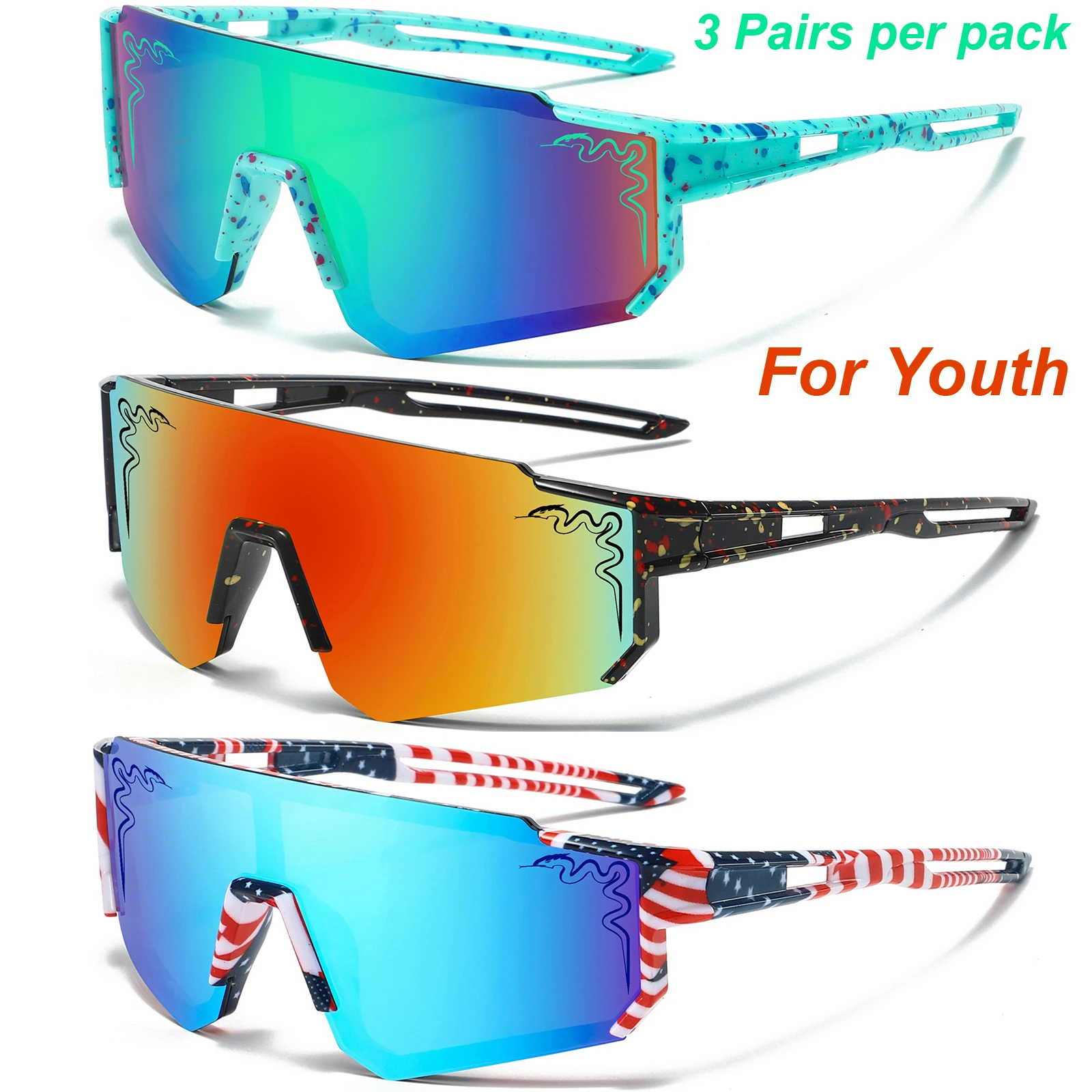 3 Pairs Age 5-16 Youth Baseball Sunglasses UV400 Boys Girls Glasses Outdoor Sport Cycling Goggles Children Kids Softball Shades