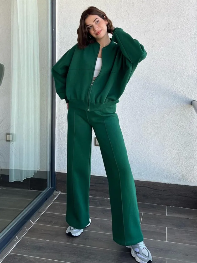 Solid Color Zipper Cardigan Hoodie Women\'s Suit Autumn Winter Fashion Casual Straight Leg Pants Lace-up Sports 2piece Set Female