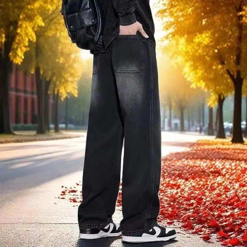 

Мужские простые повседневные джинсы с прямыми штанинами, мужские мешковатые корейские модные джинсовые брюки, базовая молодежная популярная повседневная рабочая одежда, джинсовые брюки