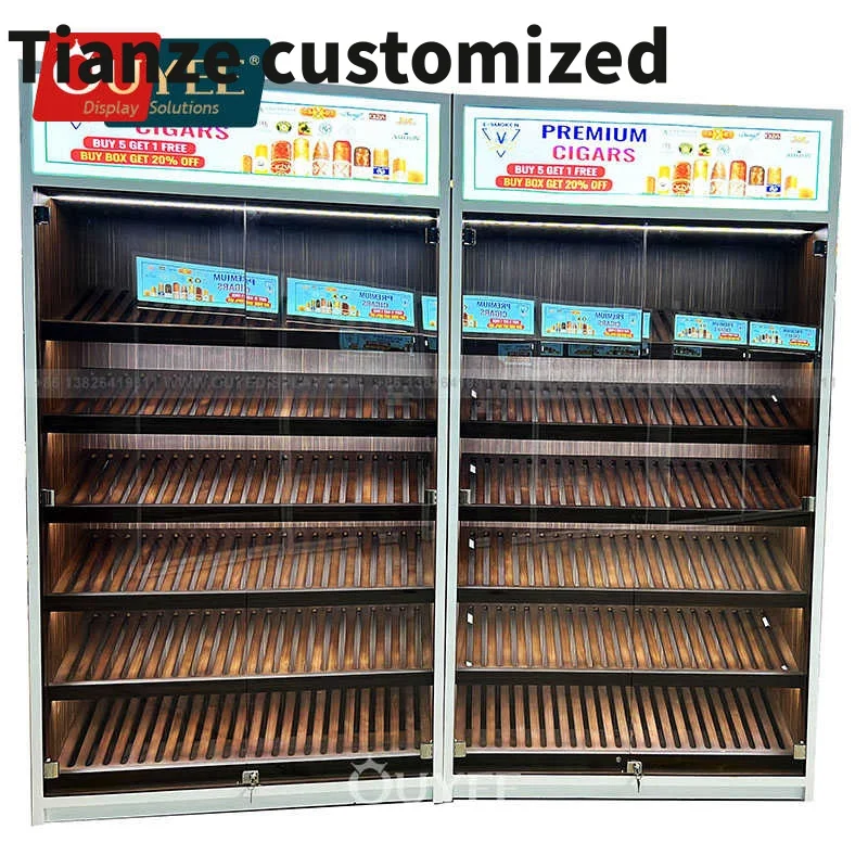 Customized-High Quality Tall Wooden Cigar Display Cabinet LED Wall Showcase Smoke Shop Furniture Cigar Room