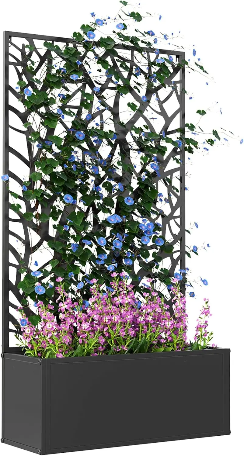 

Metal Raised Garden Bed with Trellis and Privacy Panel, Freestanding or Wall Mounted Planter Box for Outdoor Plants