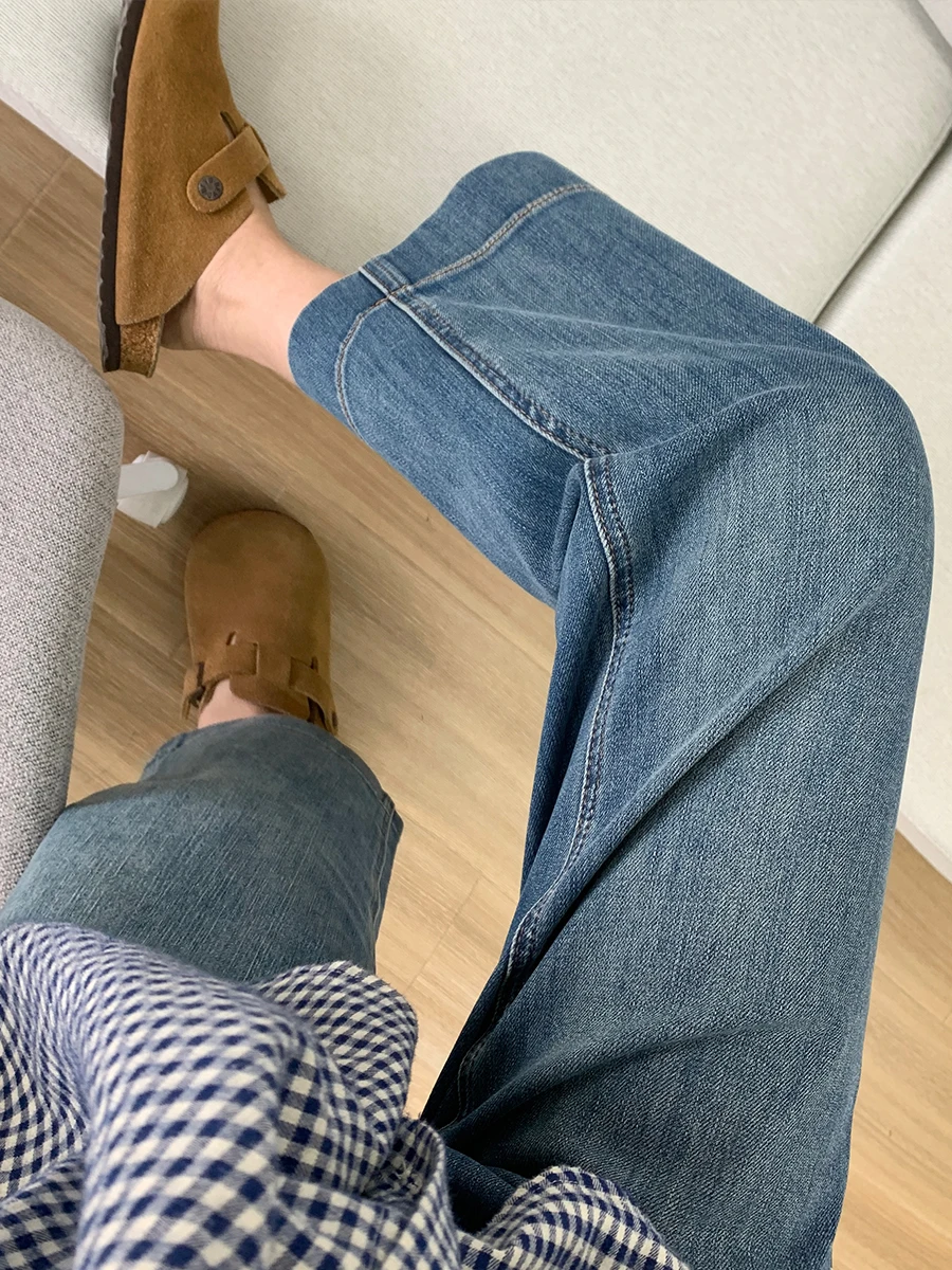 

Ретро джинсы прямого кроя для женщин больших размеров, утягивающие брюки, эластичные широкие брюки с узким низом, модные джинсы с высокой талией.