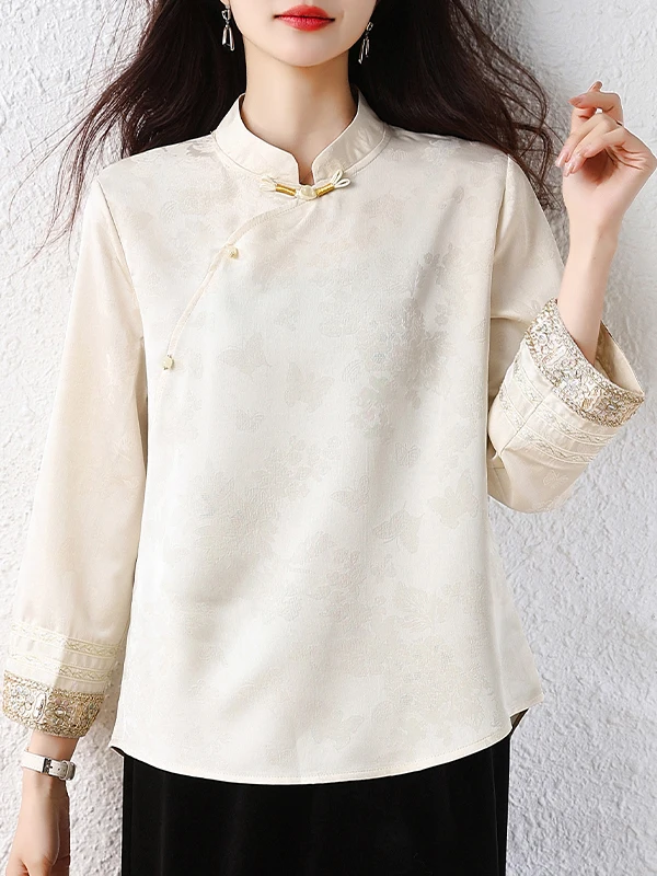 New Chinese Style Embroidered Base Shirt Women's Top Spring Autumn New Style National Trend Button up Half High Collar Shirt