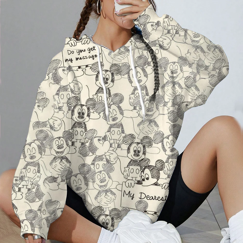 2025 女性の秋のかわいいディズニーミッキーマウスプリントブラックパーカーファッションカップルストリートウェアスポーツウェア