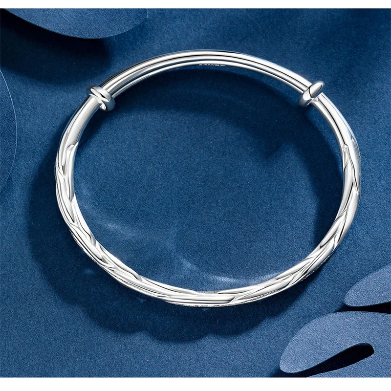 Fashion Women S999 Pure Silver Push Pull Bangle Twisted Braided Sparkling Sand Adjustable Sterling Silver Wrist Ornament
