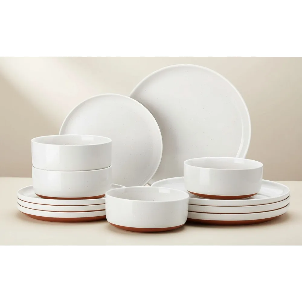 

12-Piece Stoneware Dinnerware Set for 4, Modern Ceramic Plates & Bowls, Microwave & Dishwasher Safe White
