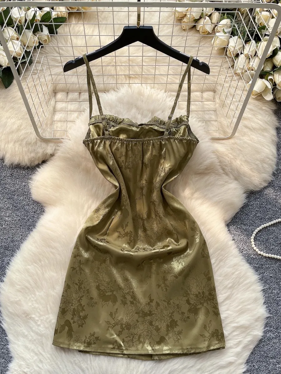 Foamlina-vestido Sexy Y2K con tirantes para niña, minivestido Halter de satén Jacquard con cintura de empalme de encaje francés para verano 2025