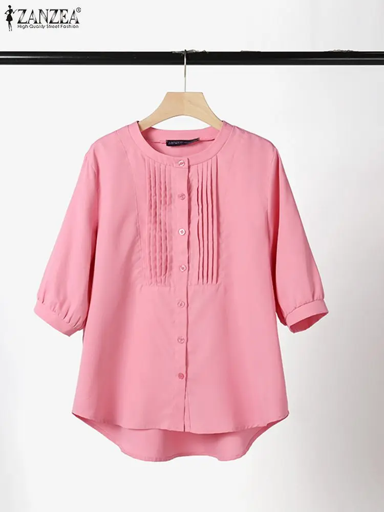 

2024 ZANZEA Women Summer Shirt Elegant 3/4 Sleeve Buttons Down Blouse Fashion Solid OL Work Tops Casual Loose Blusas Chemise
