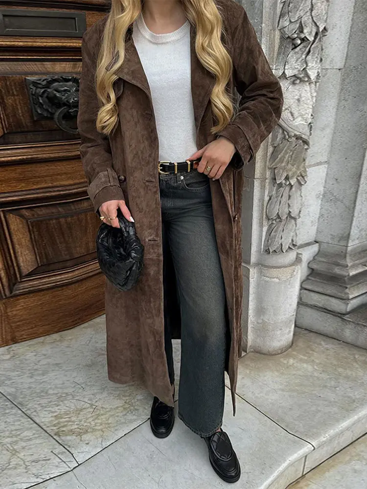 Frauen Khaki Kunstleder langen Mantel mit Gürtel Mode Zweireiher Revers übergroße Jacke Herbst weibliche High Street Outwear
