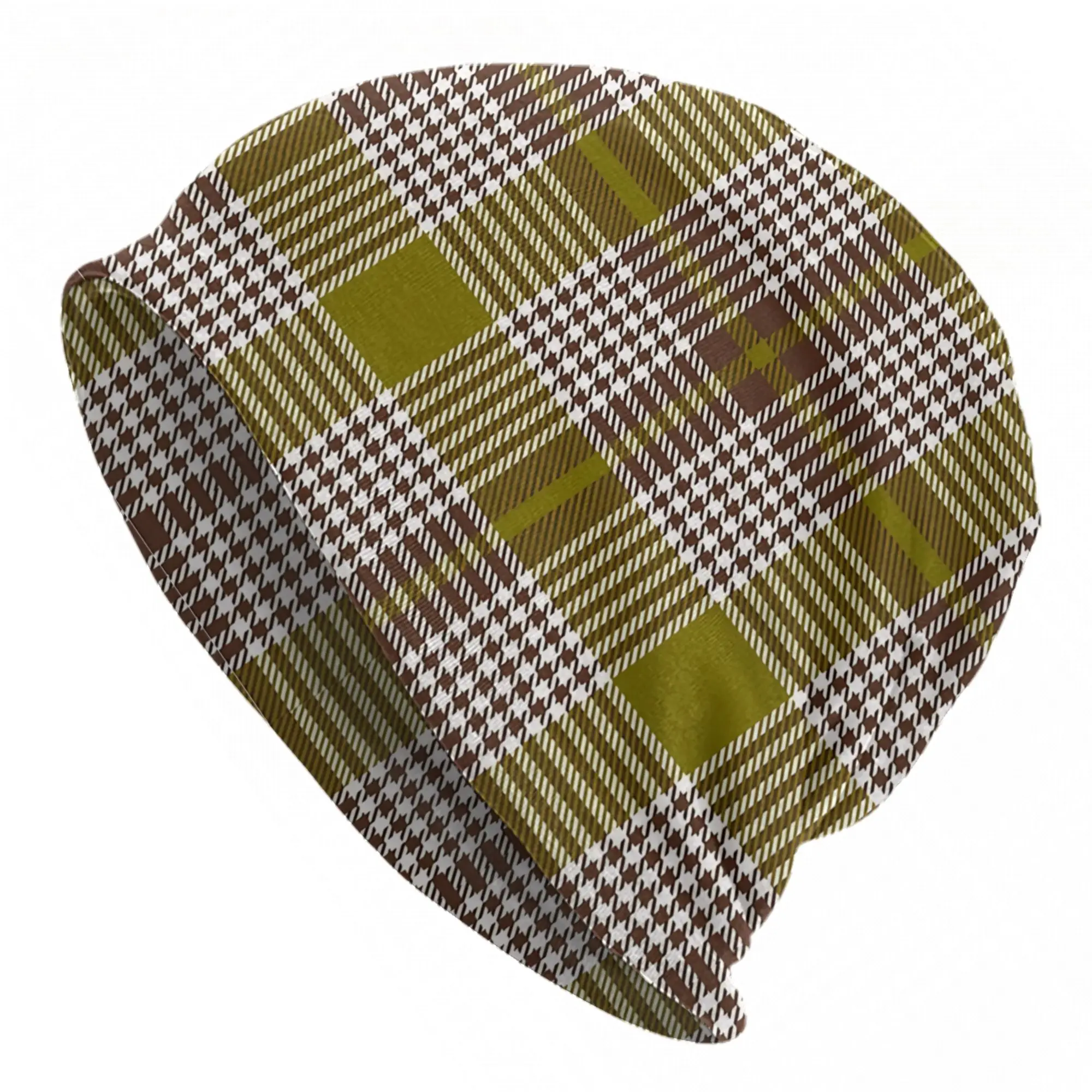 Green and Brown Plaid Tartan Check  Skullies Beanies Hats  Summer Unisex Street Caps Warm Head Wrap Bonnet Hat