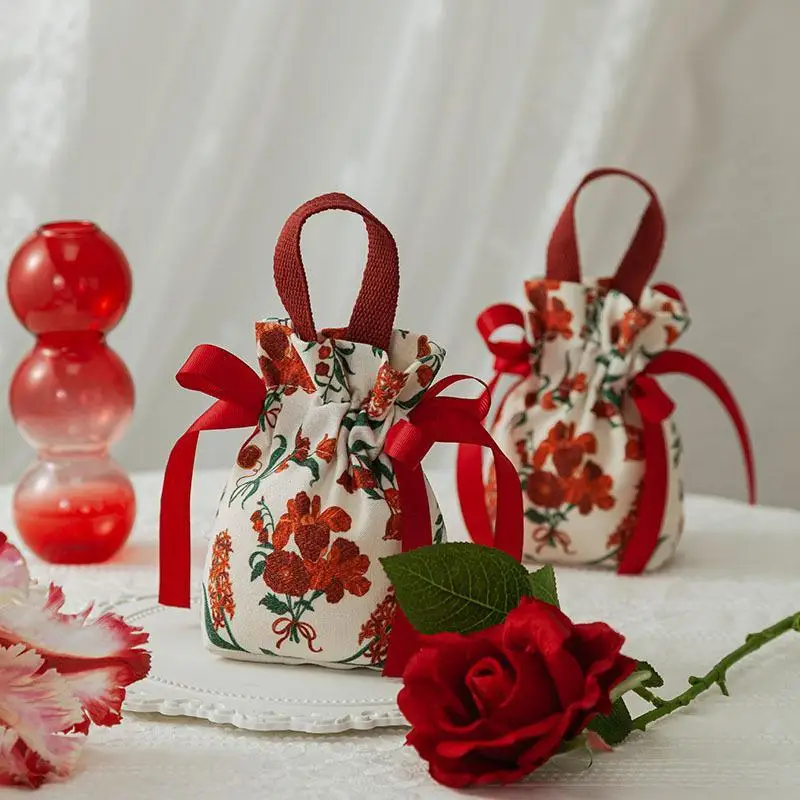 Retro Floral Pattern Drawstring Candy Bags Portable Reusable Wedding Party Favor Packaging Pouches