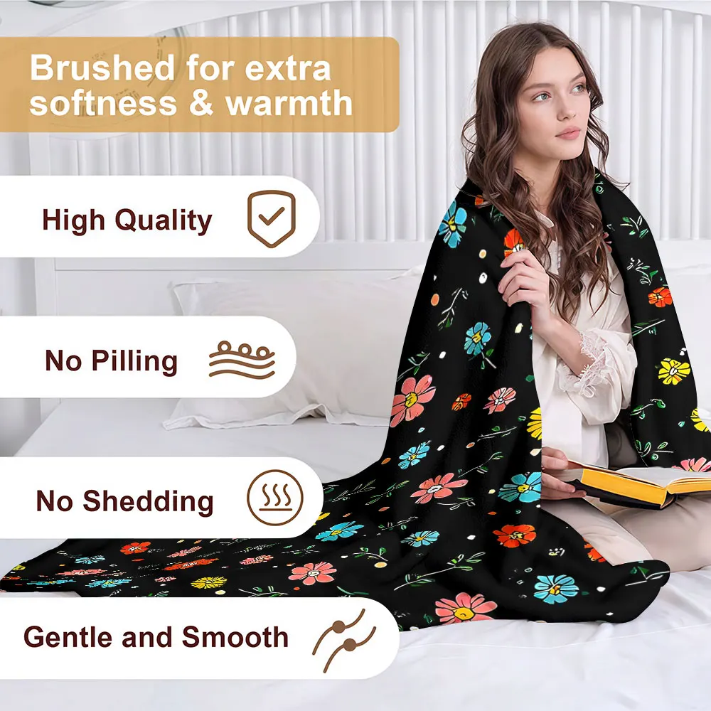 Black Tiny Color Floral Soft Warm Flannel Blanket Lightweight Cozy Christmas Halloween Home Decor Room