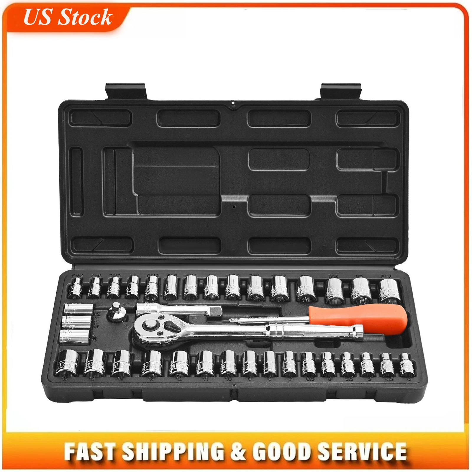Socket Set, 39 Pieces, 3/8 & 1/4 inch Drive Socket and Ratchet Set, SAE and Metric Size, Mechanic Tool Kit with Ratchet Wrench, Accessories, Storage Case, CR-V Alloy Steel, for Automotive Repair