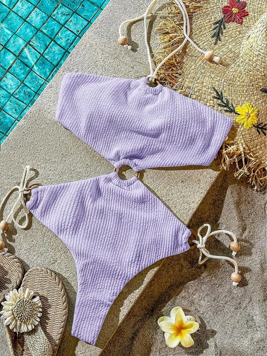 

Lavender Solid Color Halter One-Piece Swimsuit With Hollow-Out Detail