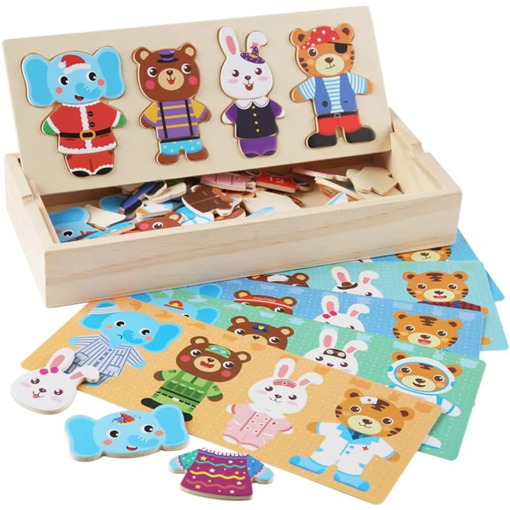 Wooden Jigsaw Bear Family Puzzle Box Bear Change Clothes Montessori Kids Early Education Wooden Dressing Game Baby Toys Gift