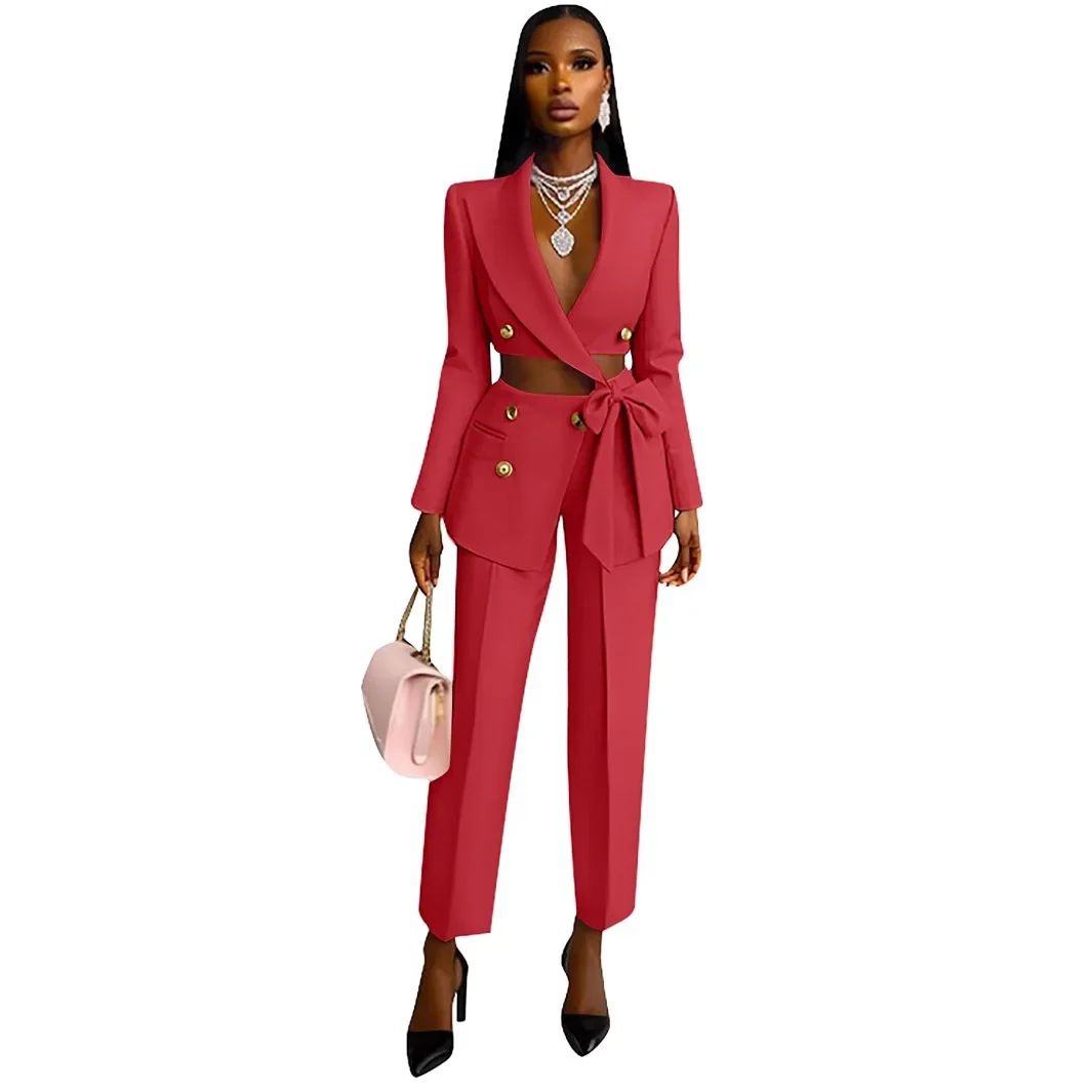 

Women Casual Long Sleeve Solid Two Piece Suit Spring Fashion Button Outfits Elegant Lapel Bow Lace-up Blazer & Long Pant Set